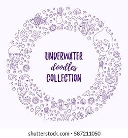 Graphic doodles drawing underwater sea ocean summer symbols round frame border vector