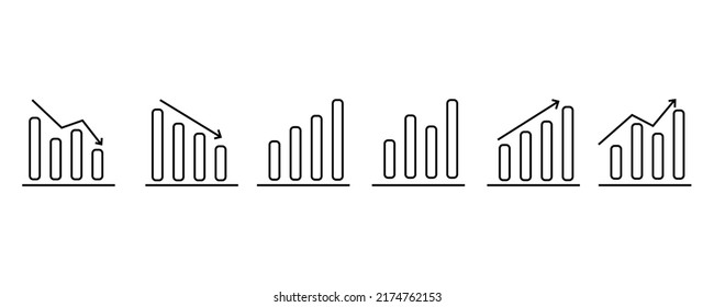 Icono del vector hacia arriba. Flecha negra de la gráfica. El precio de la cuota de mercado sube y baja. Sin flechas. conjunto de seis iconos.