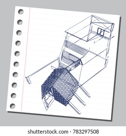 Graphic drawing with abstract architecture. The diary sheet with the sketch of modern building. Suitable for invitation, flyer, sticker, poster, banner, card, label, cover, web. Vector illustration.