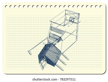 Graphic drawing with abstract architecture. The diary sheet with the sketch of modern building. Suitable for invitation, flyer, sticker, poster, banner, card, label, cover, web. Vector illustration.