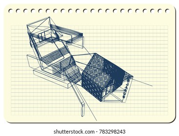 Graphic drawing with abstract architecture. The diary sheet with the sketch of modern building. Suitable for invitation, flyer, sticker, poster, banner, card, label, cover, web. Vector illustration.