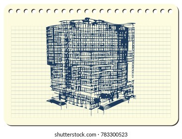Graphic drawing with abstract architecture. The diary sheet with the sketch of modern building. Suitable for invitation, flyer, sticker, poster, banner, card, label, cover, web. Vector illustration.