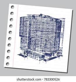 Graphic drawing with abstract architecture. The diary sheet with the sketch of modern building. Suitable for invitation, flyer, sticker, poster, banner, card, label, cover, web. Vector illustration.