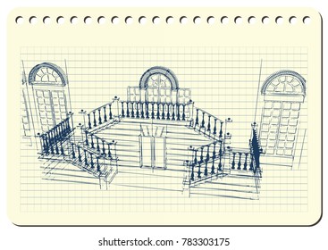 Graphic drawing with abstract architecture. The diary sheet with the porch of the historic house. Suitable for invitation, flyer, sticker, poster, banner, card, label, cover, web. Vector illustration.