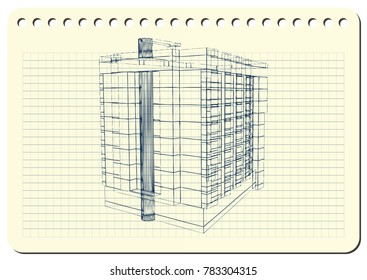 Graphic drawing with abstract architecture. The diary sheet with the sketch of modern building. Suitable for invitation, flyer, sticker, poster, banner, card, label, cover, web. Vector illustration.