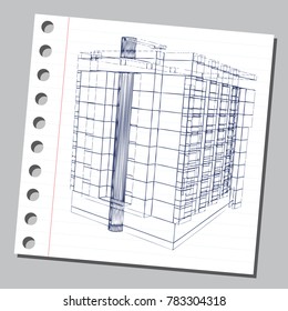 Graphic drawing with abstract architecture. The diary sheet with the sketch of modern building. Suitable for invitation, flyer, sticker, poster, banner, card, label, cover, web. Vector illustration.
