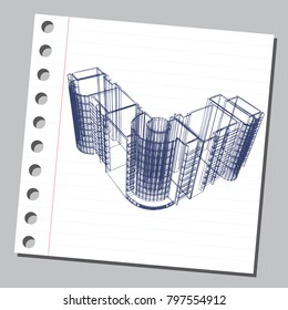 Graphic drawing with abstract architecture. The diary sheet with the sketch of modern building. Suitable for invitation, flyer, sticker, poster, banner, card, label, cover, web. Vector illustration.