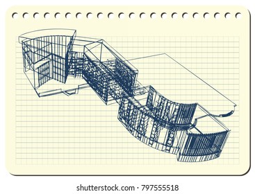 Graphic drawing with abstract architecture. The diary sheet with the sketch of modern building. Suitable for invitation, flyer, sticker, poster, banner, card, label, cover, web. Vector illustration.
