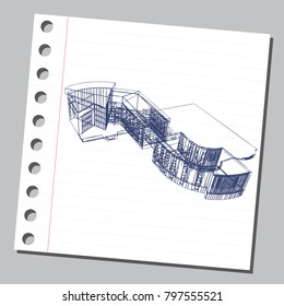 Graphic drawing with abstract architecture. The diary sheet with the sketch of modern building. Suitable for invitation, flyer, sticker, poster, banner, card, label, cover, web. Vector illustration.