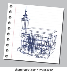 Graphic drawing with abstract architecture. The diary sheet with the sketch of modern building. Suitable for invitation, flyer, sticker, poster, banner, card, label, cover, web. Vector illustration.