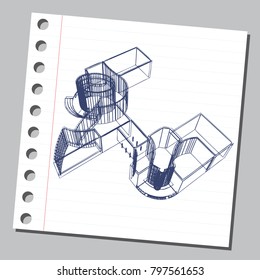 Graphic drawing with abstract architecture. The diary sheet with the sketch of modern building. Suitable for invitation, flyer, sticker, poster, banner, card, label, cover, web. Vector illustration.