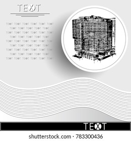 Graphic drawing with abstract architecture. Rounded template with sketch of the modern building. Suitable for invitation, flyer, sticker, poster, banner, card, label, cover, web. Vector illustration.