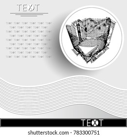 Graphic drawing with abstract architecture. Rounded template with sketch of the modern building. Suitable for invitation, flyer, sticker, poster, banner, card, label, cover, web. Vector illustration.