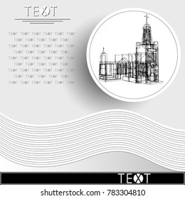 Graphic drawing with abstract architecture. Rounded template with sketch of church (cathedral). Suitable for invitation, flyer, sticker, poster, banner, card, label, cover, web. Vector illustration.