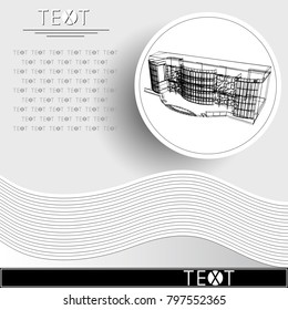 Graphic drawing with abstract architecture. Rounded template with sketch of the modern building. Suitable for invitation, flyer, sticker, poster, banner, card, label, cover, web. Vector illustration.