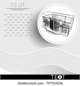 Graphic drawing with abstract architecture. Rounded template with sketch of the modern building. Suitable for invitation, flyer, sticker, poster, banner, card, label, cover, web. Vector illustration.