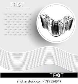 Graphic drawing with abstract architecture. Rounded template with sketch of the modern building. Suitable for invitation, flyer, sticker, poster, banner, card, label, cover, web. Vector illustration.