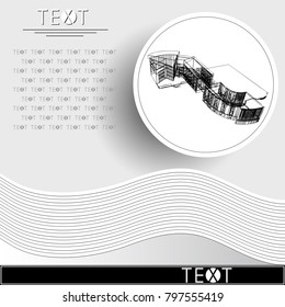 Graphic drawing with abstract architecture. Rounded template with sketch of the modern building. Suitable for invitation, flyer, sticker, poster, banner, card, label, cover, web. Vector illustration.