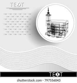 Graphic drawing with abstract architecture. Rounded template with sketch of the modern building. Suitable for invitation, flyer, sticker, poster, banner, card, label, cover, web. Vector illustration.