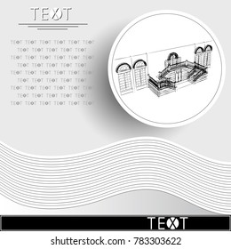 Graphic drawing with abstract architecture. Template with sketch of the porch of the historic house. Suitable for invitation, flyer, sticker, poster, banner, card, label, cover. Vector illustration.