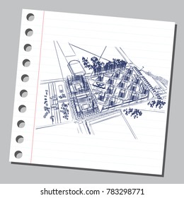 Graphic drawing with abstract city. The diary sheet with the sketch of modern general plan. Suitable for invitation, flyer, sticker, poster, banner, card, label, cover, web. Vector illustration.