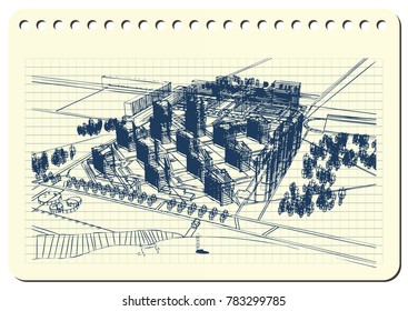Graphic drawing with abstract city. The diary sheet with the sketch of modern general plan. Suitable for invitation, flyer, sticker, poster, banner, card, label, cover, web. Vector illustration.