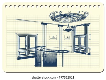 Graphic drawing with abstract interior of the banquet hall. The diary sheet with the sketch. Suitable for invitation, flyer, sticker, poster, banner, card, label, cover, web. Vector illustration.