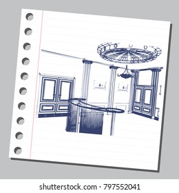 Graphic drawing with abstract interior of the banquet hall. The diary sheet with the sketch. Suitable for invitation, flyer, sticker, poster, banner, card, label, cover, web. Vector illustration.