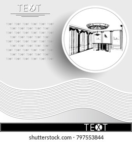 Graphic drawing with abstract interior of the banquet hall. Rounded template with sketch. Suitable for invitation, flyer, sticker, poster, banner, card, label, cover, web. Vector illustration.