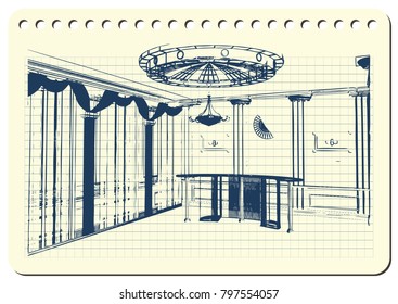 Graphic drawing with abstract interior of the banquet hall. The diary sheet with the sketch. Suitable for invitation, flyer, sticker, poster, banner, card, label, cover, web. Vector illustration.