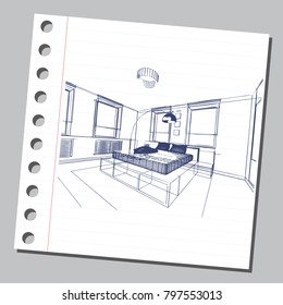 Graphic drawing with abstract interior of the bedroom . The diary sheet with the sketch. Suitable for invitation, flyer, sticker, poster, banner, card, label, cover, web. Vector illustration.