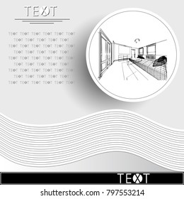 Graphic drawing with abstract interior of the bedroom. Rounded template with sketch. Suitable for invitation, flyer, sticker, poster, banner, card, label, cover, web. Vector illustration.