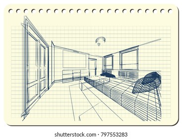 Graphic drawing with abstract interior of the bedroom . The diary sheet with the sketch. Suitable for invitation, flyer, sticker, poster, banner, card, label, cover, web. Vector illustration.