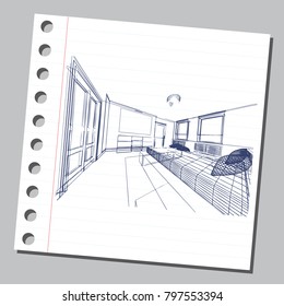 Graphic drawing with abstract interior of the bedroom . The diary sheet with the sketch. Suitable for invitation, flyer, sticker, poster, banner, card, label, cover, web. Vector illustration.