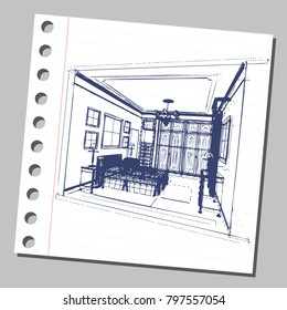 Graphic drawing with abstract interior of the bedroom . The diary sheet with the sketch. Suitable for invitation, flyer, sticker, poster, banner, card, label, cover, web. Vector illustration.