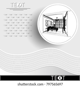 Graphic drawing with abstract interior of the bedroom. Rounded template with sketch. Suitable for invitation, flyer, sticker, poster, banner, card, label, cover, web. Vector illustration.