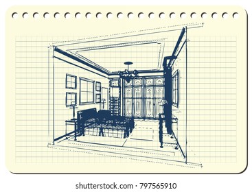 Graphic drawing with abstract interior of the bedroom . The diary sheet with the sketch. Suitable for invitation, flyer, sticker, poster, banner, card, label, cover, web. Vector illustration.