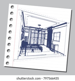 Graphic drawing with abstract interior of the bedroom . The diary sheet with the sketch. Suitable for invitation, flyer, sticker, poster, banner, card, label, cover, web. Vector illustration.