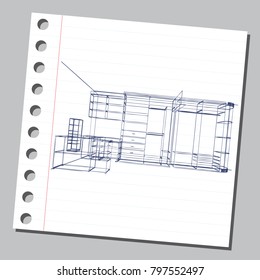 Graphic drawing with abstract interior of the cabinet . The diary sheet with the sketch. Suitable for invitation, flyer, sticker, poster, banner, card, label, cover, web. Vector illustration.