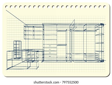 Graphic drawing with abstract interior of the cabinet . The diary sheet with the sketch. Suitable for invitation, flyer, sticker, poster, banner, card, label, cover, web. Vector illustration.