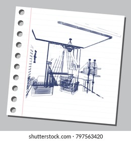 Graphic drawing with abstract interior of the cabinet . The diary sheet with the sketch. Suitable for invitation, flyer, sticker, poster, banner, card, label, cover, web. Vector illustration.