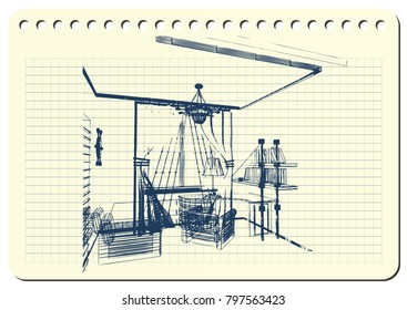 Graphic drawing with abstract interior of the cabinet . The diary sheet with the sketch. Suitable for invitation, flyer, sticker, poster, banner, card, label, cover, web. Vector illustration.