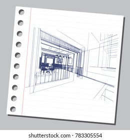 Graphic drawing with abstract interior. The diary sheet with the sketch. Suitable for invitation, flyer, sticker, poster, banner, card, label, cover, web. Vector illustration.