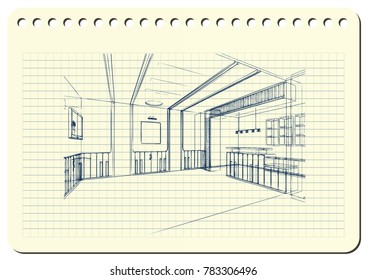 Graphic drawing with abstract interior. The diary sheet with the sketch. Suitable for invitation, flyer, sticker, poster, banner, card, label, cover, web. Vector illustration.