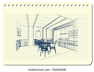 Graphic drawing with abstract interior. The diary sheet with the sketch. Suitable for invitation, flyer, sticker, poster, banner, card, label, cover, web. Vector illustration.