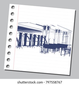 Graphic drawing with abstract interior. The diary sheet with the sketch. Suitable for invitation, flyer, sticker, poster, banner, card, label, cover, web. Vector illustration.