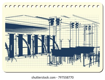 Graphic drawing with abstract interior. The diary sheet with the sketch. Suitable for invitation, flyer, sticker, poster, banner, card, label, cover, web. Vector illustration.