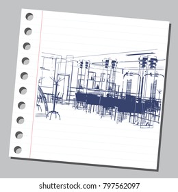 Graphic drawing with abstract interior. The diary sheet with the sketch. Suitable for invitation, flyer, sticker, poster, banner, card, label, cover, web. Vector illustration.
