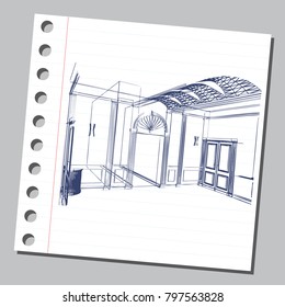 Graphic drawing with abstract interior of the hall. The diary sheet with the sketch. Suitable for invitation, flyer, sticker, poster, banner, card, label, cover, web. Vector illustration.