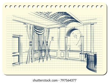 Graphic drawing with abstract interior of the hall. The diary sheet with the sketch. Suitable for invitation, flyer, sticker, poster, banner, card, label, cover, web. Vector illustration.